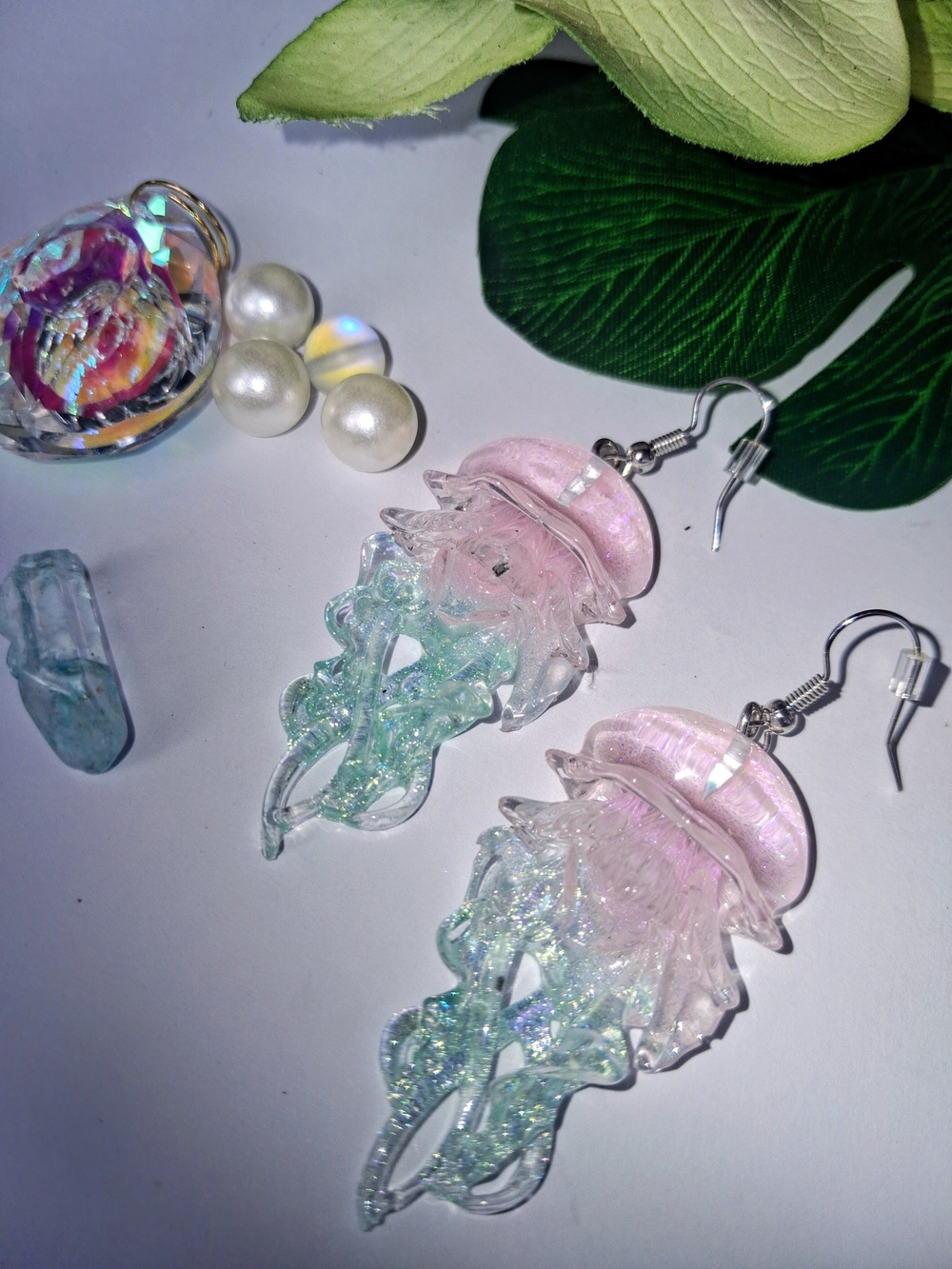 Glow In The Dark Pink & Iridescent Jellyfish Dangle Earrings